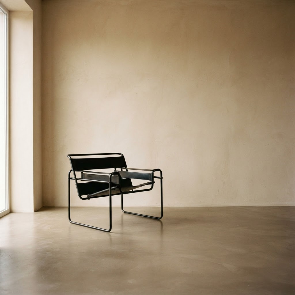 A single modernist chair in an empty sunlit room