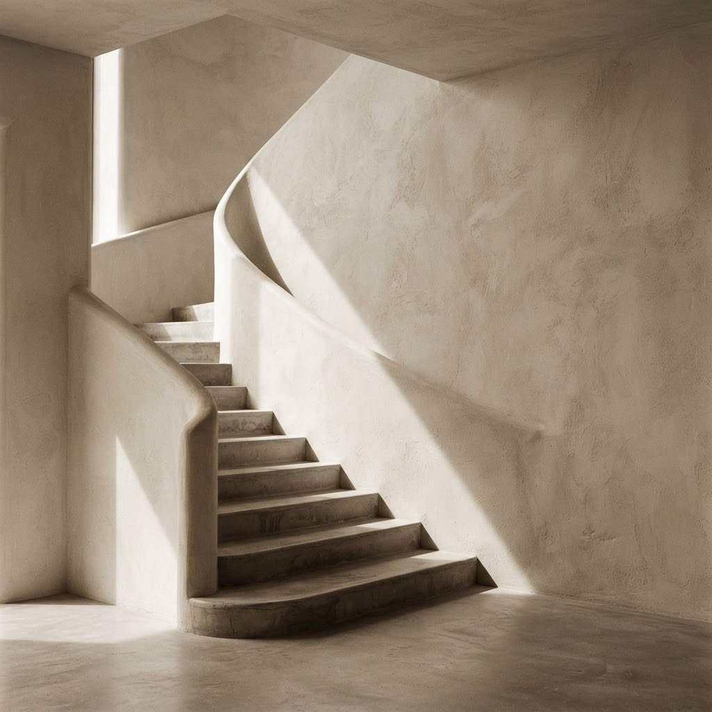 Sunlit staircase casting a strong diagonal shadow